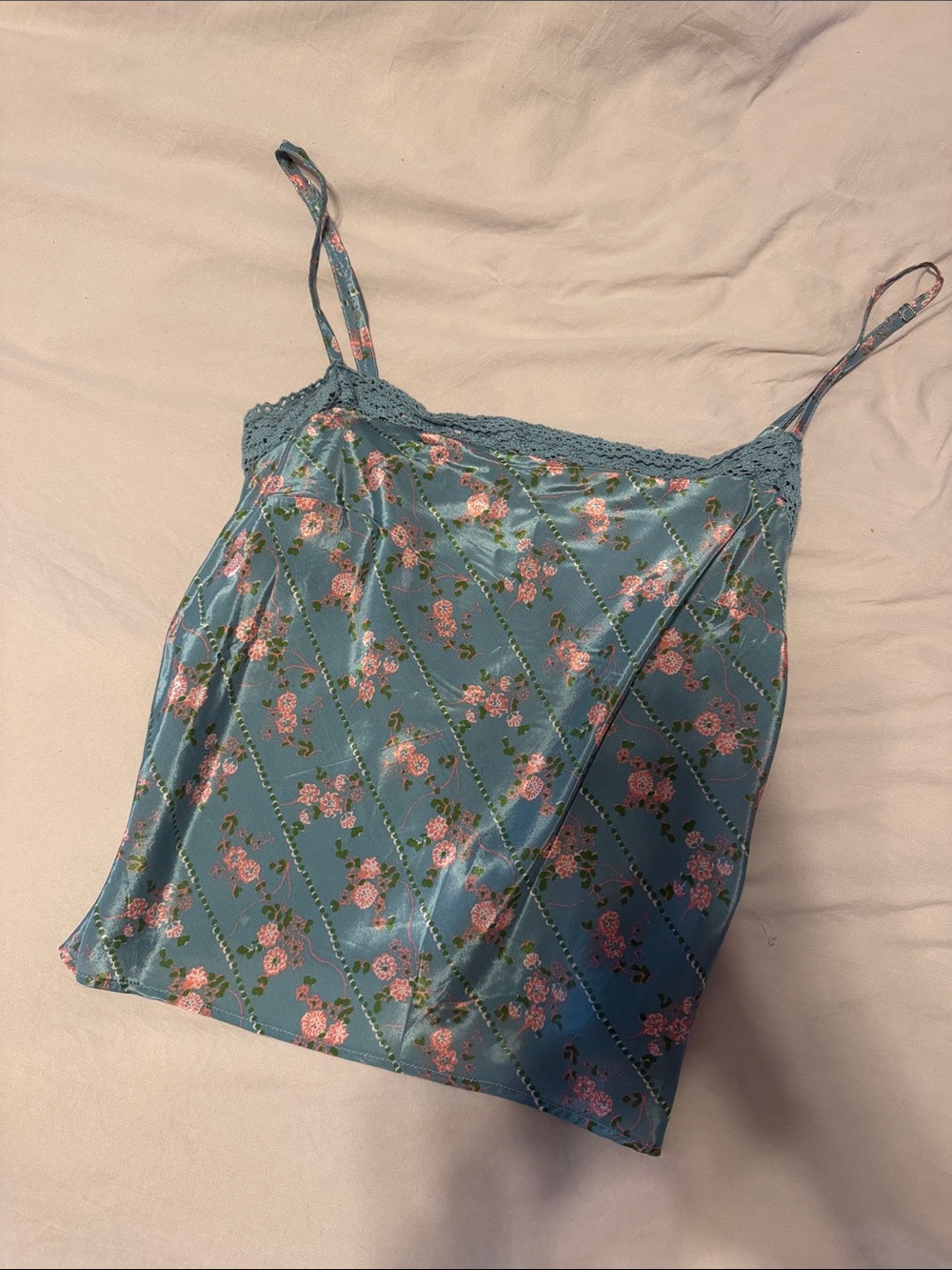 Free People Floral Lace-Trim Satin Cami Tank Top - Blue pink size small